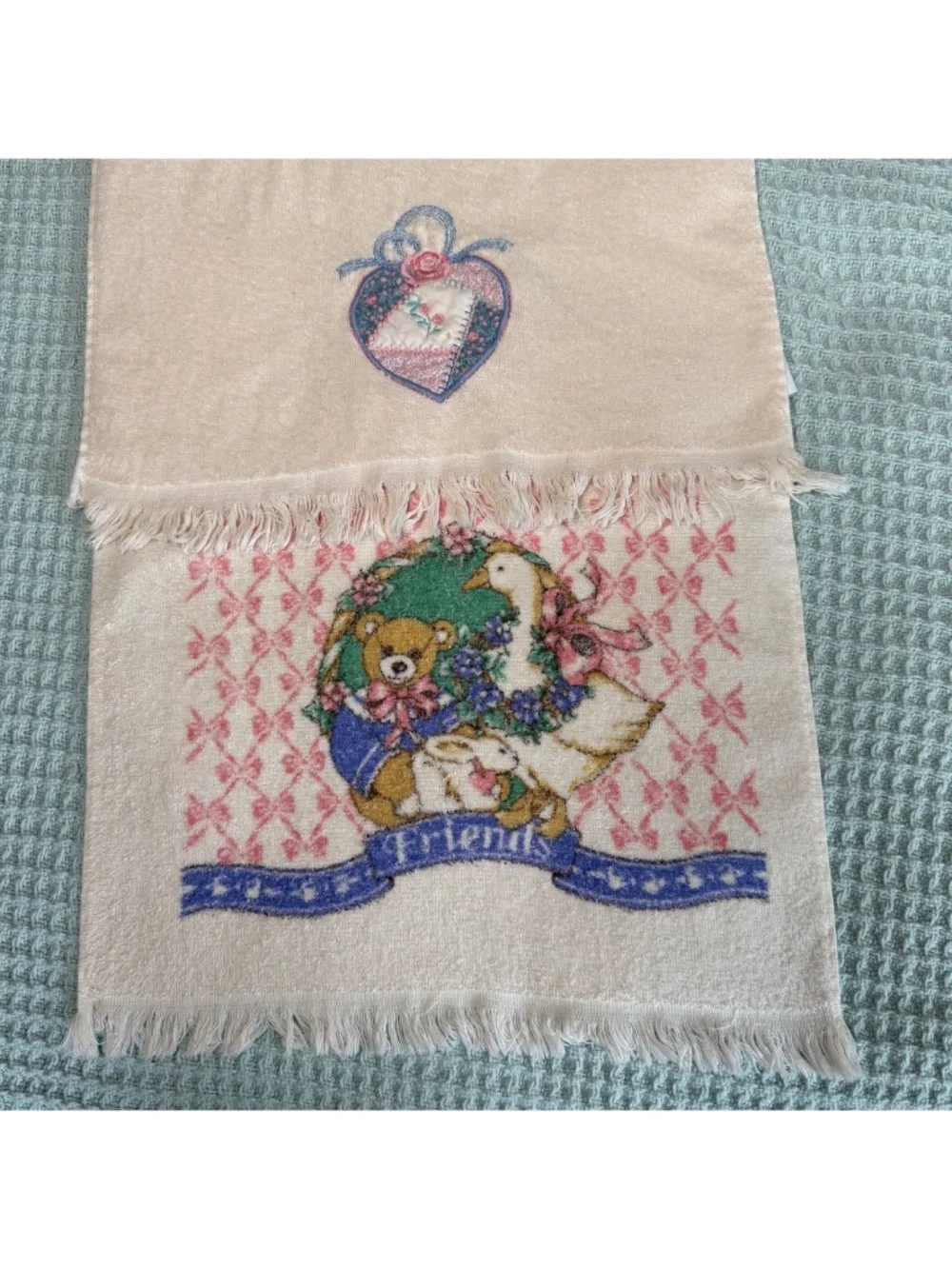 Vintage Cannon 2 Kitchen Hand Towels Fringe Cottage Granny Goose Embroidered 90s